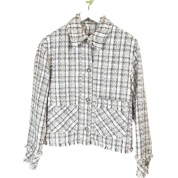 Eli Tahari Jacket Women Medium Multi Boucle Tweed Plaid Short Fringe Work Casual - Picture 1 of 14